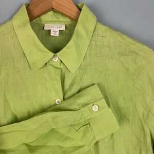 J. Jill Love Linen Women's S Petite‎ Green Button Up Long Sleeve Shirt Top Beach